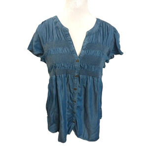 Knox Rose chambray smocked button down cottagecore peasent lyocell M